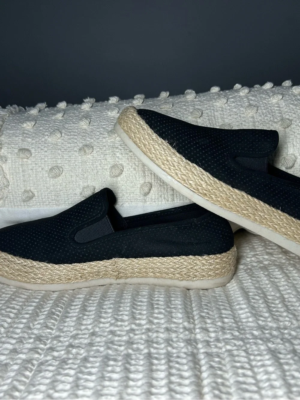 Esprit Black Perforated Slip-On Espadrilles with Jute Trim